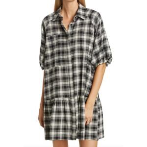 Jonathan Simkhai Crissy Plaid Mini Dress Relaxed Balloon sleeve Tiered $325 - XL